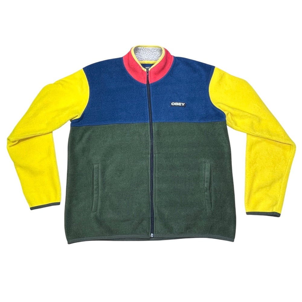 OBEY Colorblock Fleece Zip Up Jacket‎ Men's Size M Yellow Blue Green Red Collar